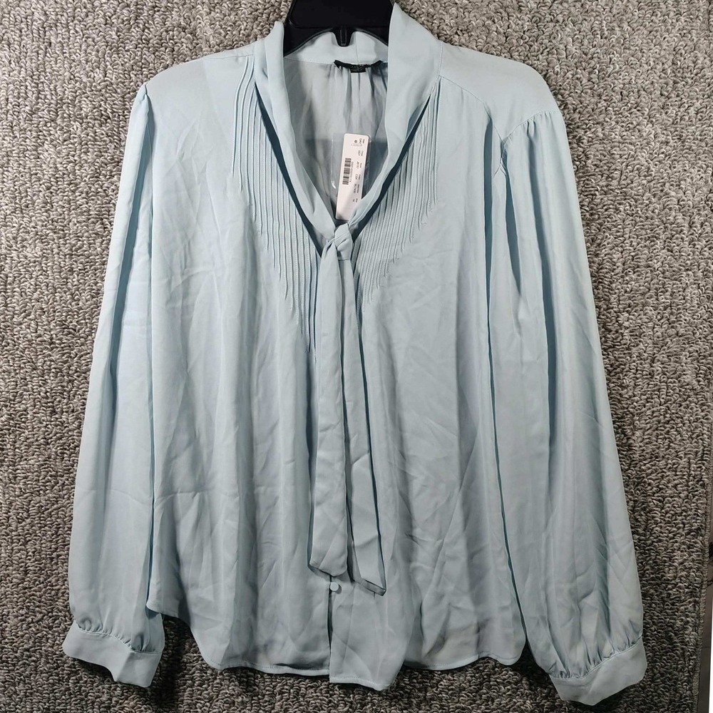 J.Crew Tie Neck Blouse Light Blue Pintuck Pleated Cottagecore Women Size 16